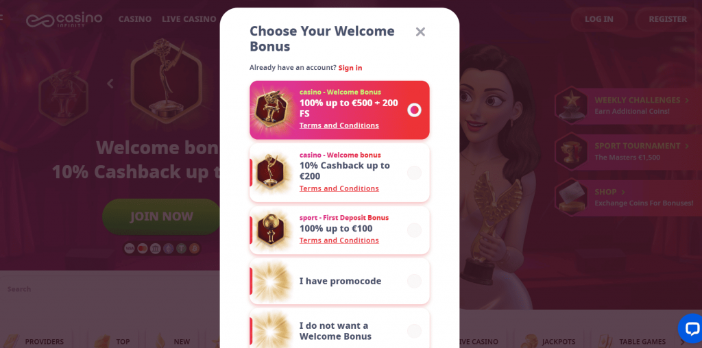 casino infinity register